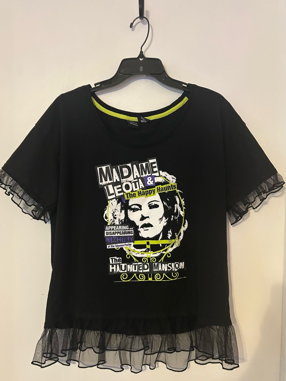 Madame Leota Haunted Mansion Black Graphic Ruffle-Hem Tee with Neon Accent